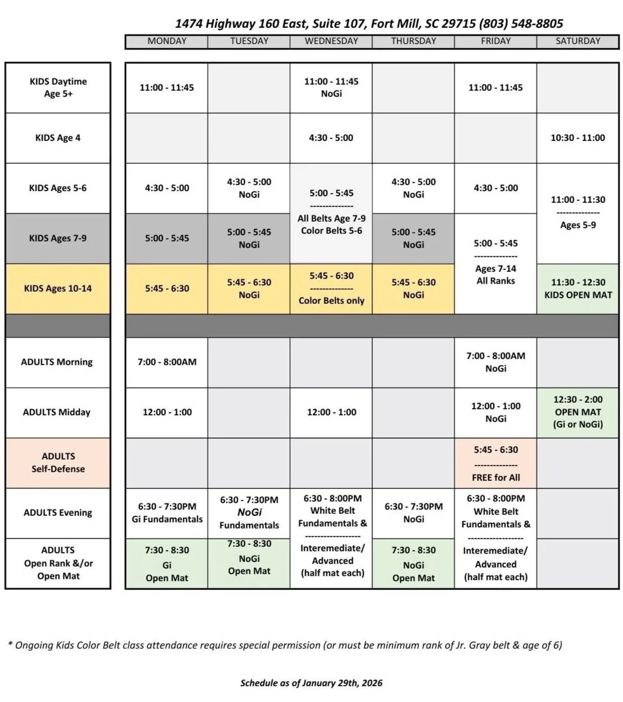 Brazilian jiu jitsu class schedule at Queen City Jiu Jitsu in Fort Mill, SC