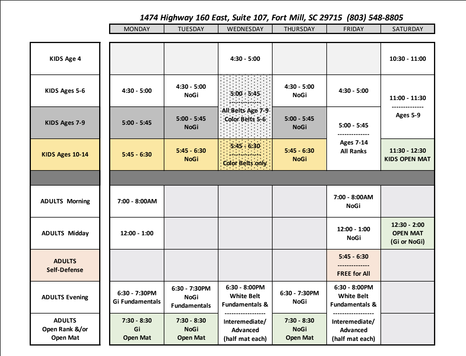 Summer Schedule for BJJ in Charlotte, NC and FortMill, SC