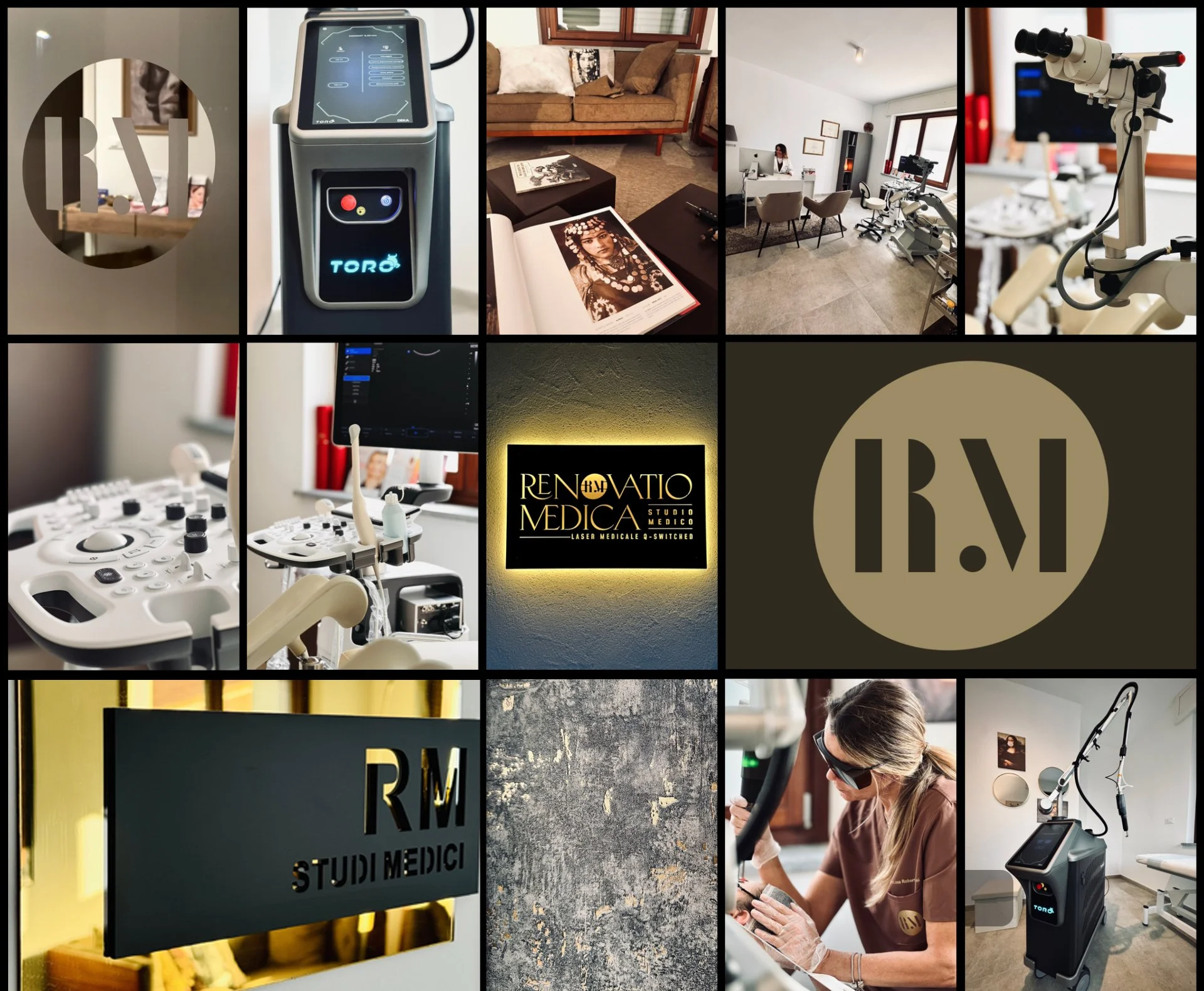 Immagini di un centro medico con attrezzature di diagnostica e sala di consultazione, e vari dettagli di ambienti clinici e apparecchiature mediche.