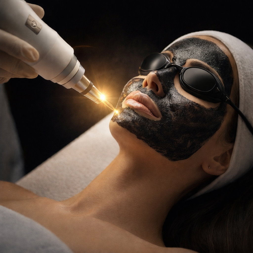 Una donna riceve un trattamento di pelle con un laser in un centro estetico.