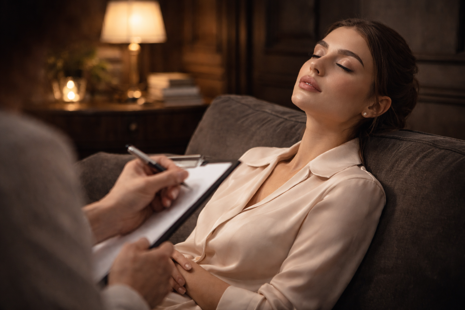 Donna seduta sul divano, con gli occhi chiusi, in un ambiente caldo e accogliente, durante una seduta di terapia o consulenza.