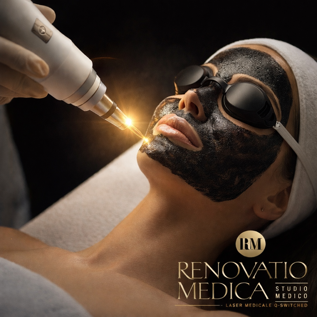 Una donna stesa su un lettino da Spa, con una maschera nera sul viso, indossa occhiali da protezione e un turbante, mentre una persona con guanti sta usando un laser medico sulla sua faccia in un centro estetico.