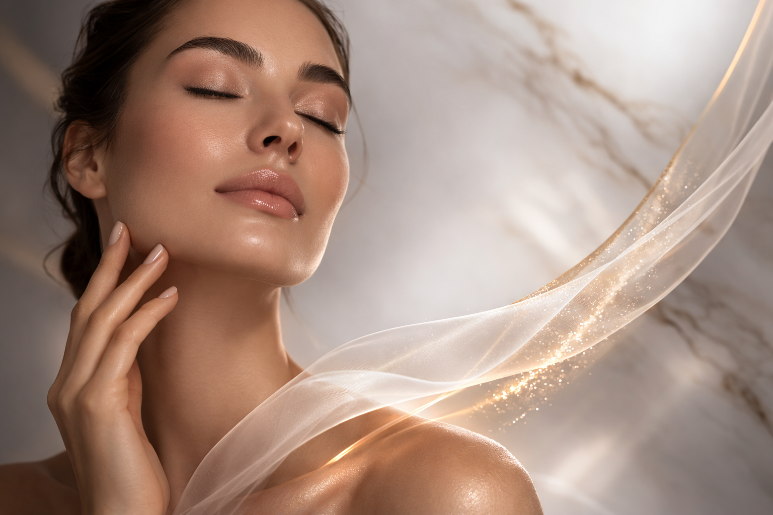 Una donna con pelle liscia e illuminata, con gli occhi chiusi, tocca delicatamente il viso e il collo, con un multa stoffa che emana luci dorate che avvolge la spalla, sfilacciata e semi-trasparente, sullo sfondo di una parete in marmo beige.