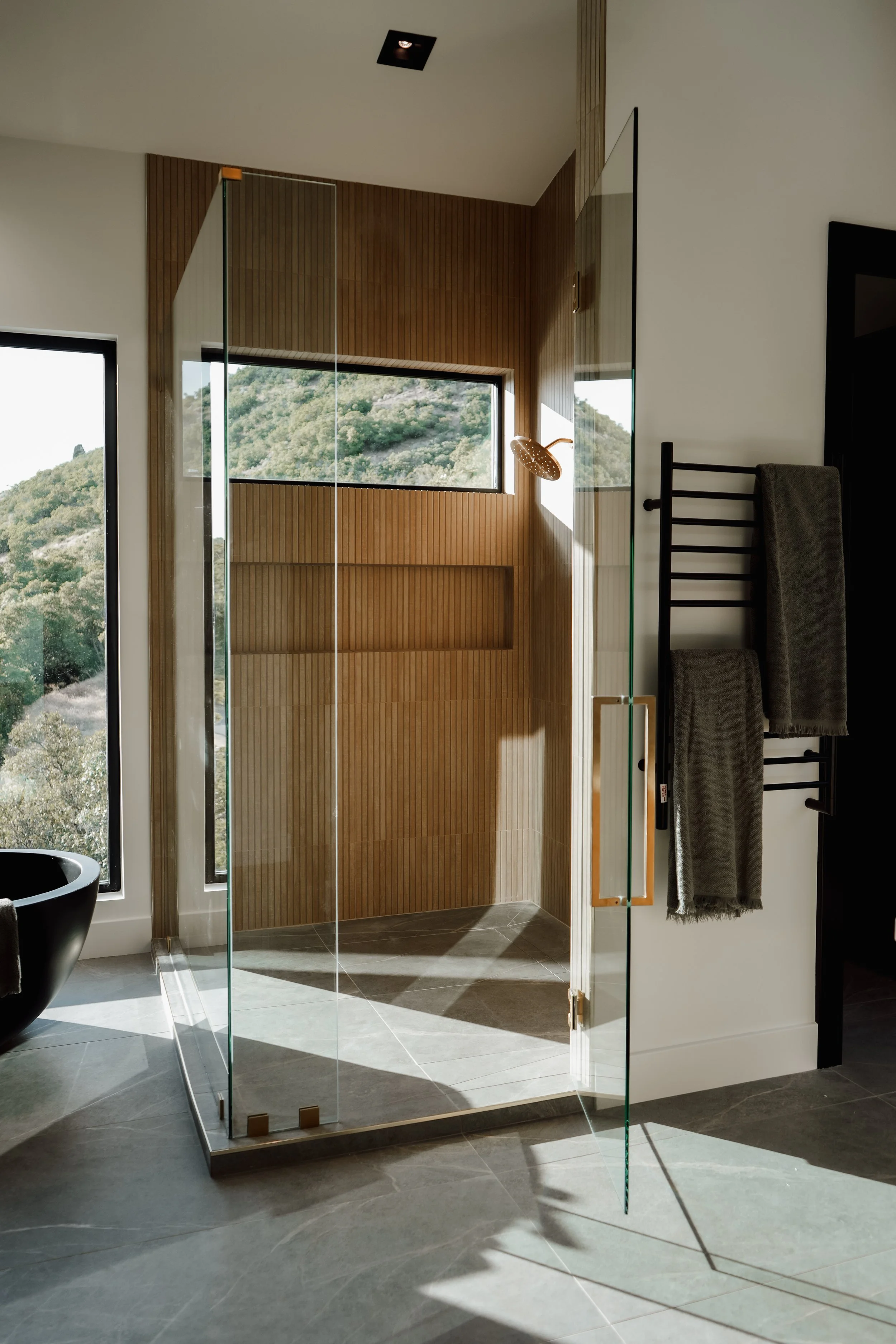 Modern bathroom with a spacious glass shower enclosure, wooden wall paneling, and large windows showing a mountainous outdoor view.