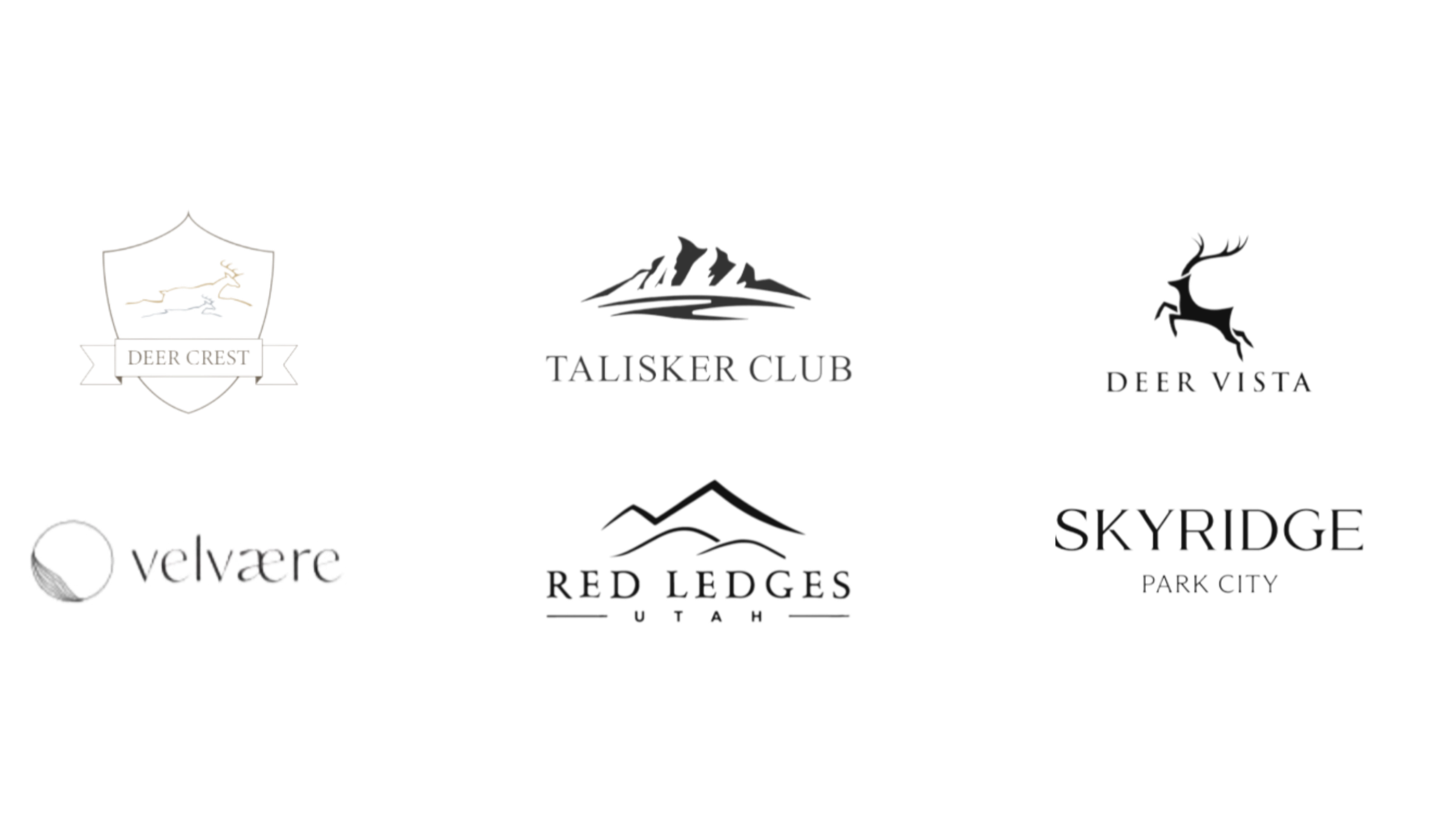 A collection of five logos representing outdoor recreation and park organizations, including Deer Forest, Talisman Club, Deer Vista, Red Edges, and Skyridge Park City.