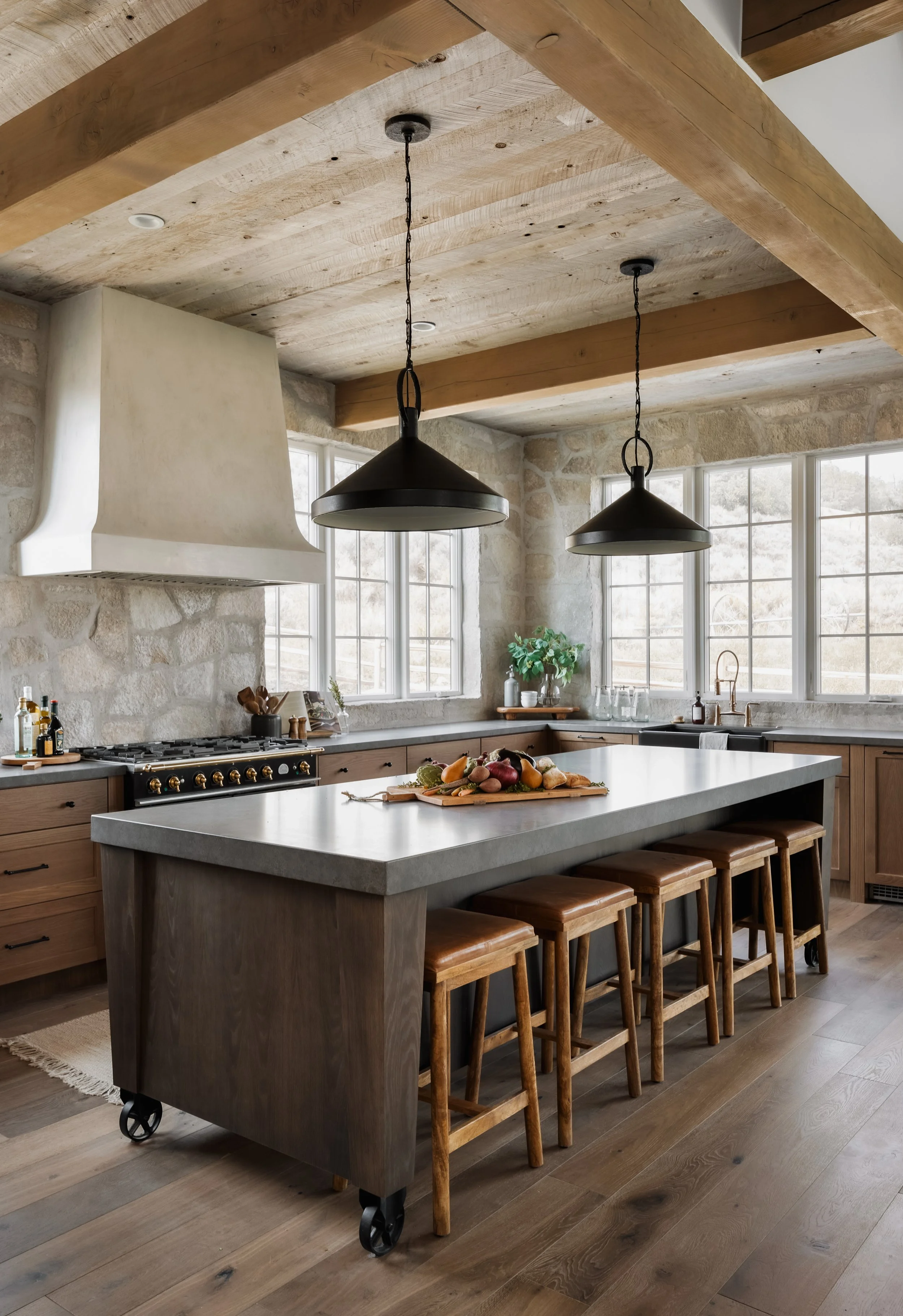 Modern rustic kitchen with stone walls, wooden beams, large windows, a central island with a fruit display, and black pendant lighting.