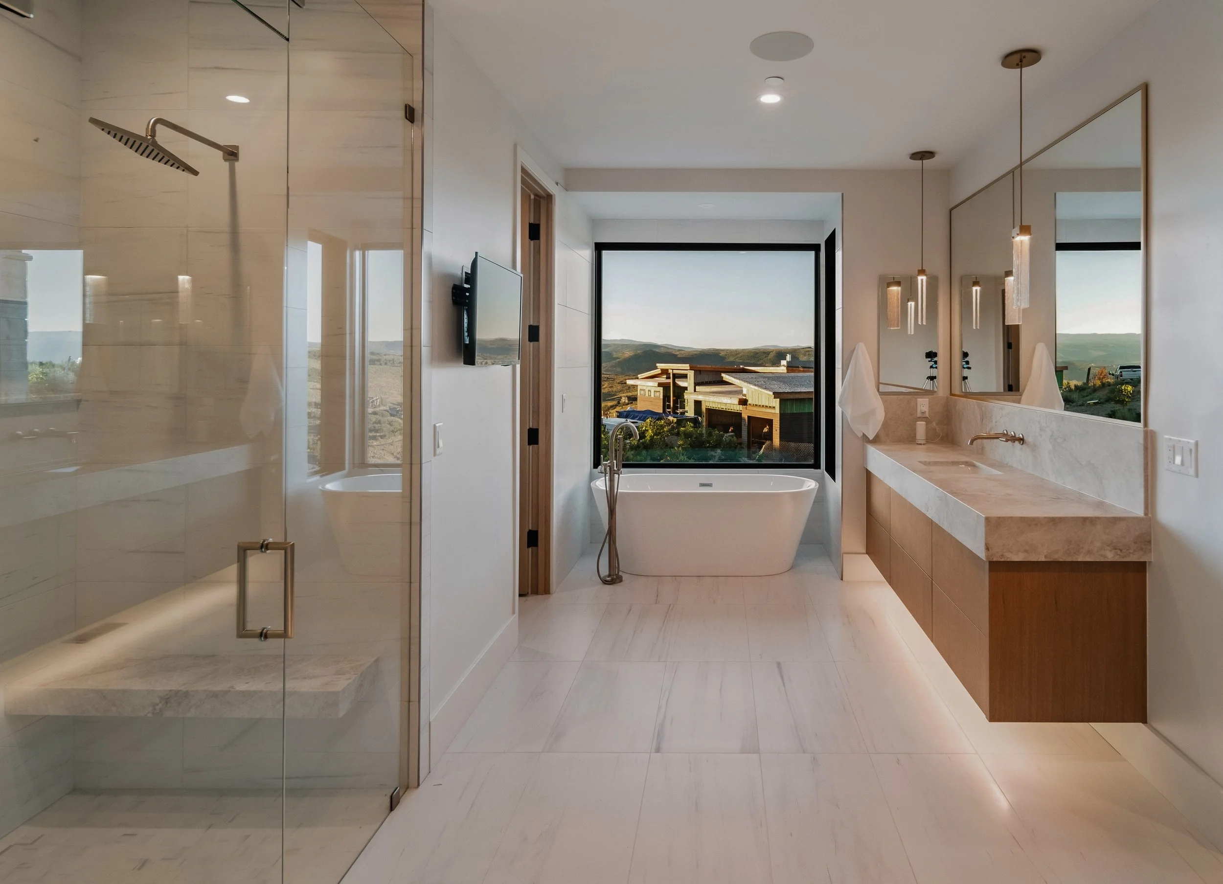 Modern bathroom with a glass-enclosed shower, bathtub with scenic mountain view, double vanity with large mirrors, side-mounted lights, and a mounted TV on the wall.