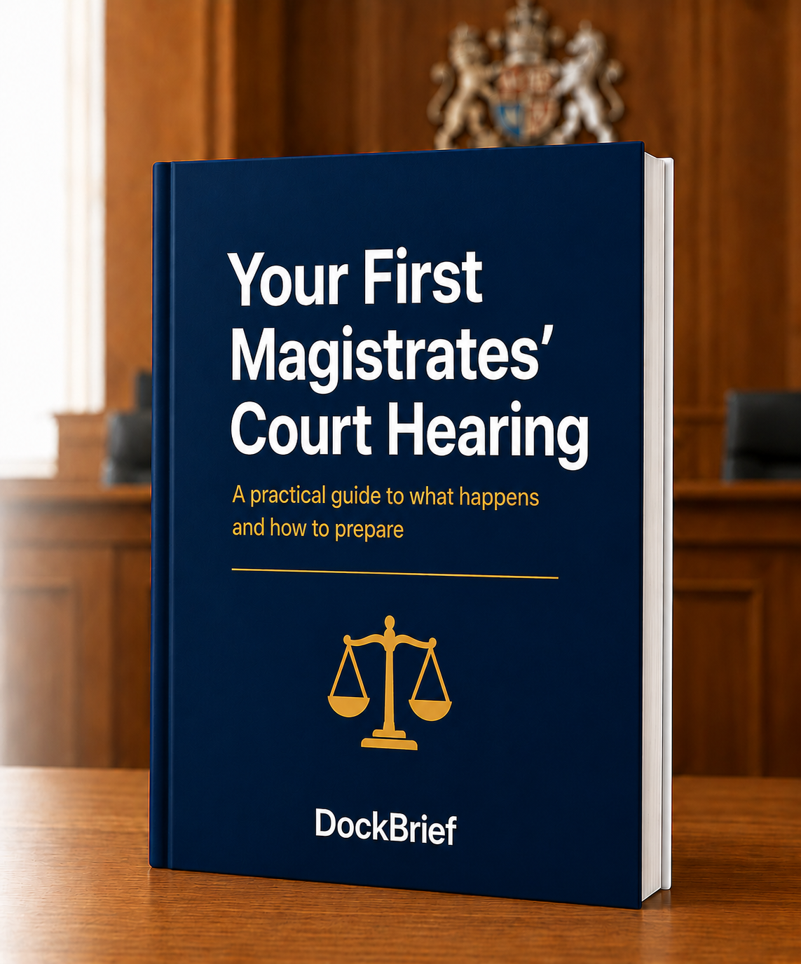 Book titled 'Your First Magistrates' Court Hearing' on a wooden table in a courtroom setting with a crest on the wall behind.