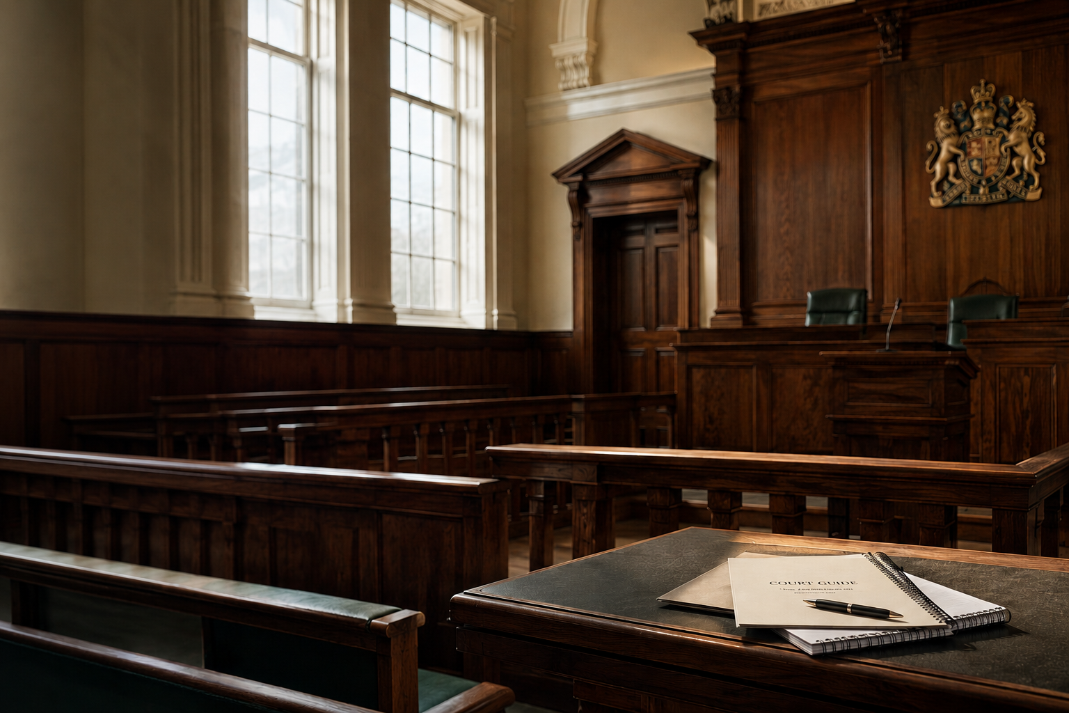 Interior of a courtroom with wooden benches, a judge's bench with a coat of arms, and windows letting in natural light. A court guide and pen are on a desk in the foreground.