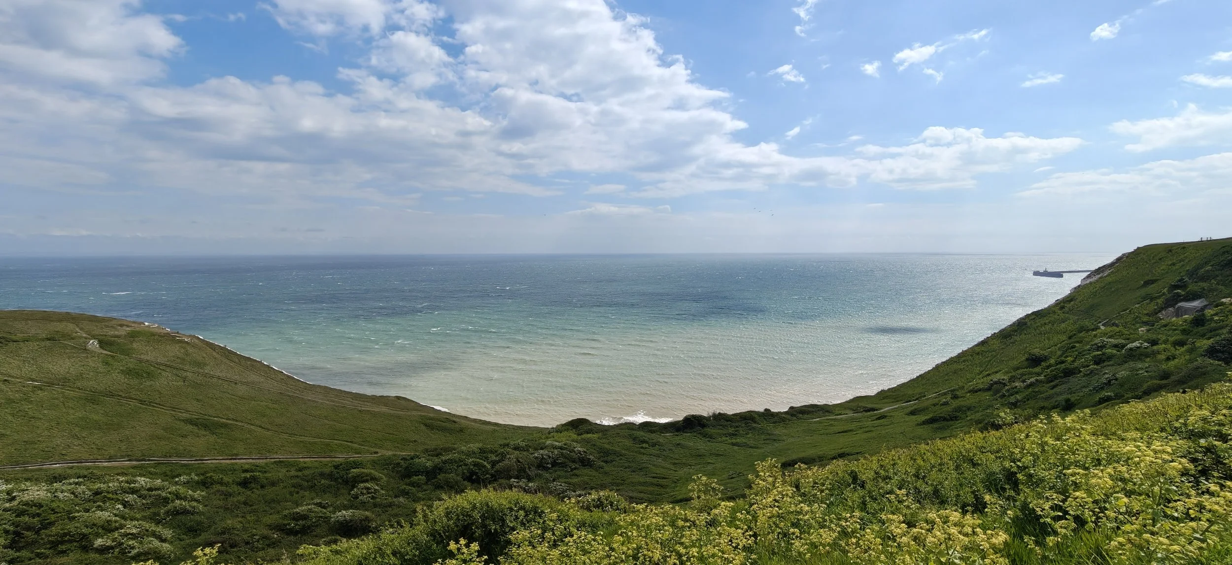 A scenic coastal landscape with green hills leading down to a sandy beach, with the ocean extending to the horizon under a partly cloudy sky.