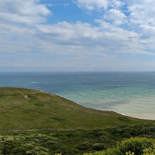 A coastal landscape with green grassy hills leading to the ocean under a partly cloudy sky.