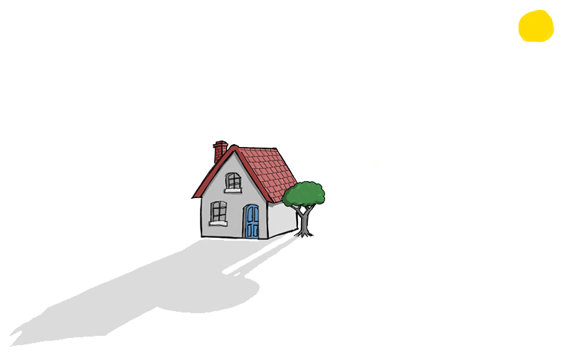 Cartoon drawing of a house at sunset with a long shadow cast by a low pale sun. Free mortgage and insurance advice