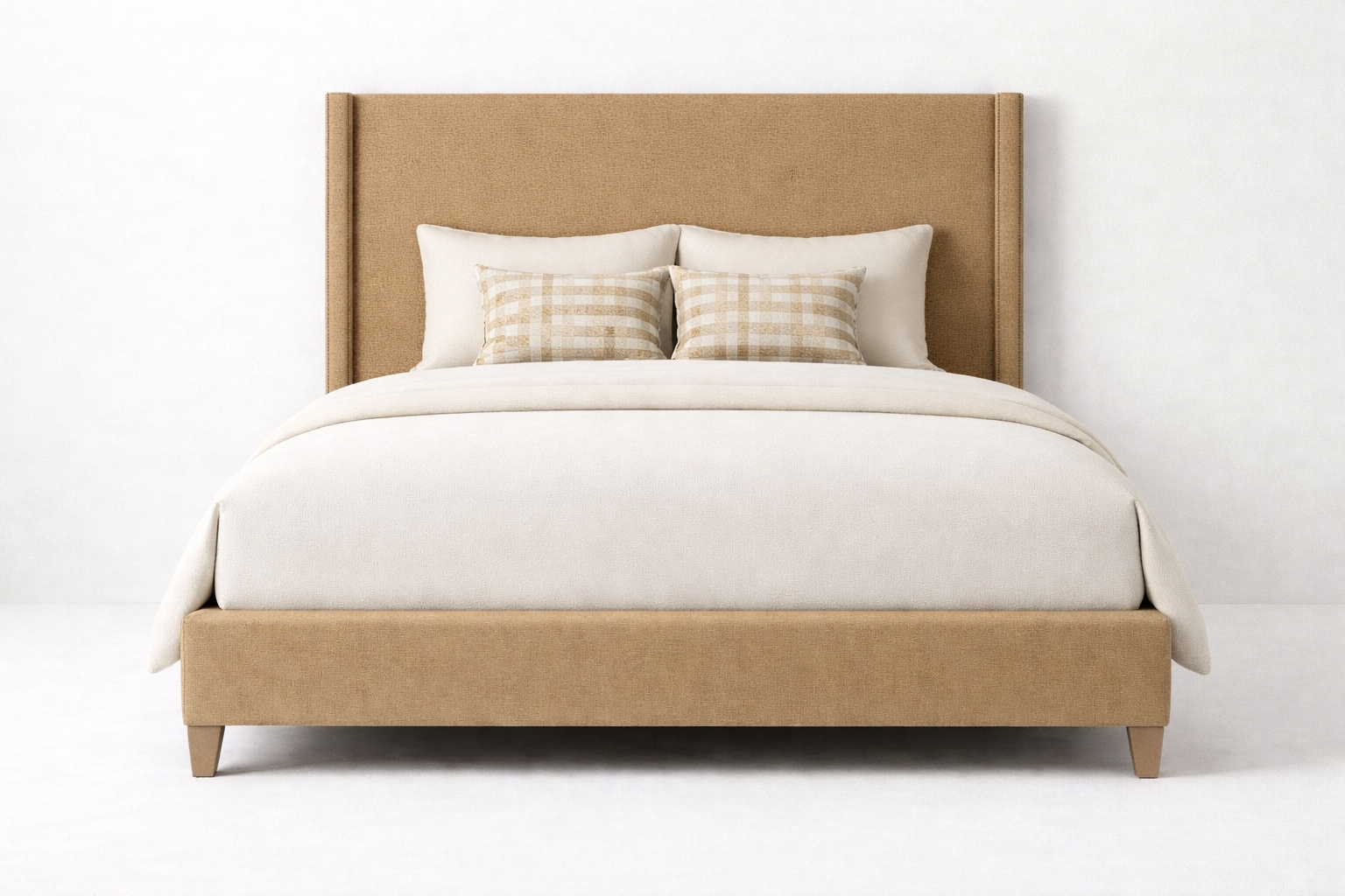 Bentley Bed Frame || Upholstered bed with upholstered side and front rails. It has winged sides and a welt detail. -- (King Dimensions)
Height
58”
Outside Length
86.5"
Outside Depth
86.5”
Side Rail
17"

-- (Queen Dimensions)
Height  58”
Depth  102”
W