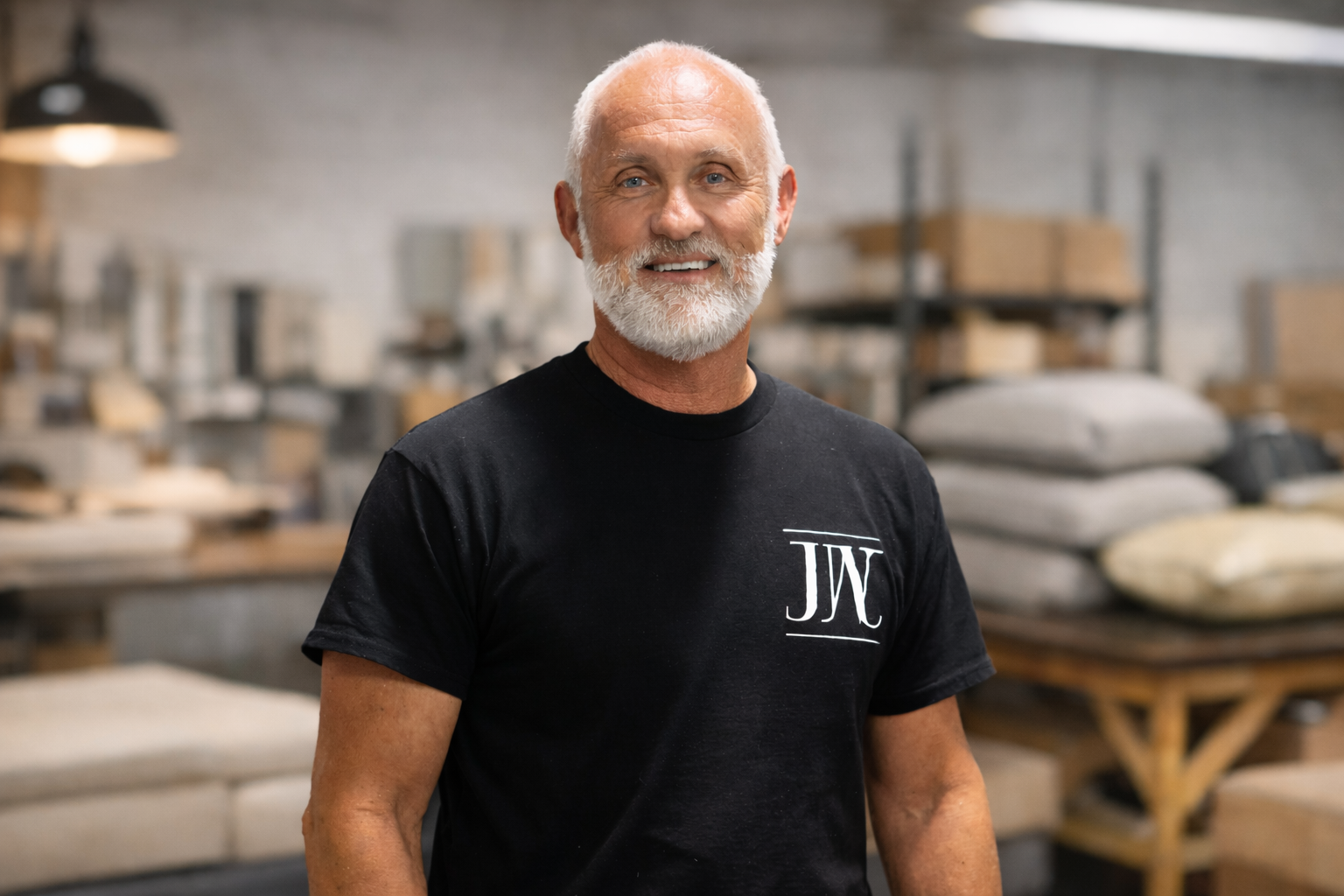 A smiling older man with a white beard and short hair, wearing a black t-shirt with 'JWW' printed on it, standing in a workspace or furniture workshop with shelves and fabric or cushions in the background.