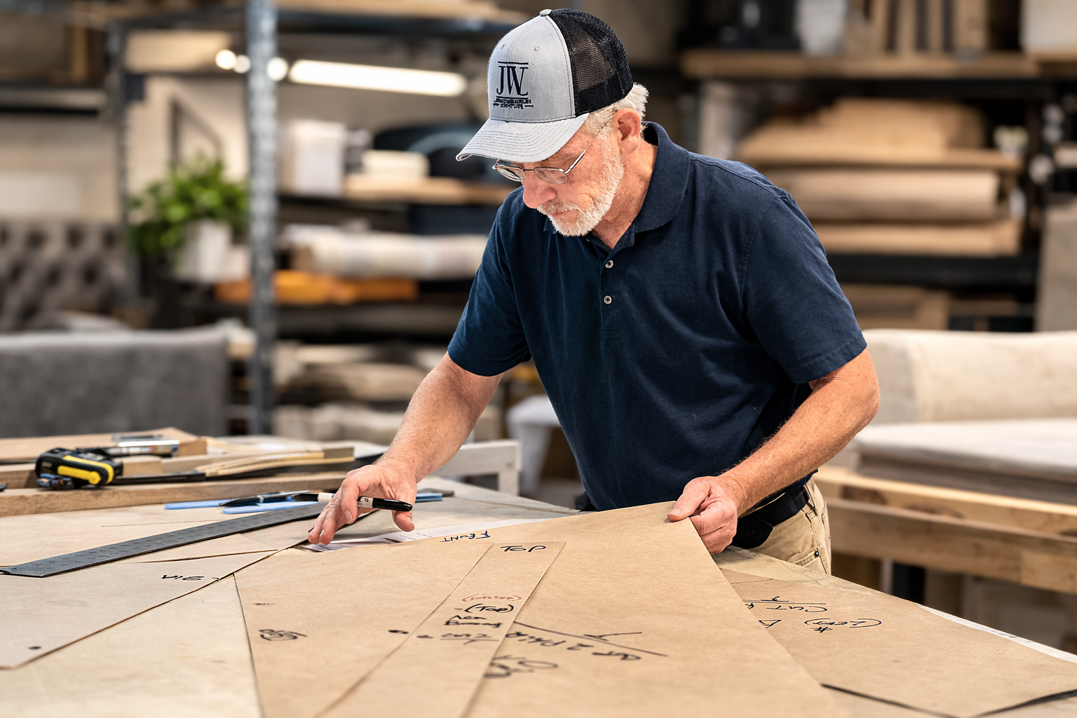 An older man with white hair, a beard, wearing glasses, a dark blue polo shirt, and a gray and black cap, measuring and marking large sheets of paper or cardboard in a woodworking or craft workshop.