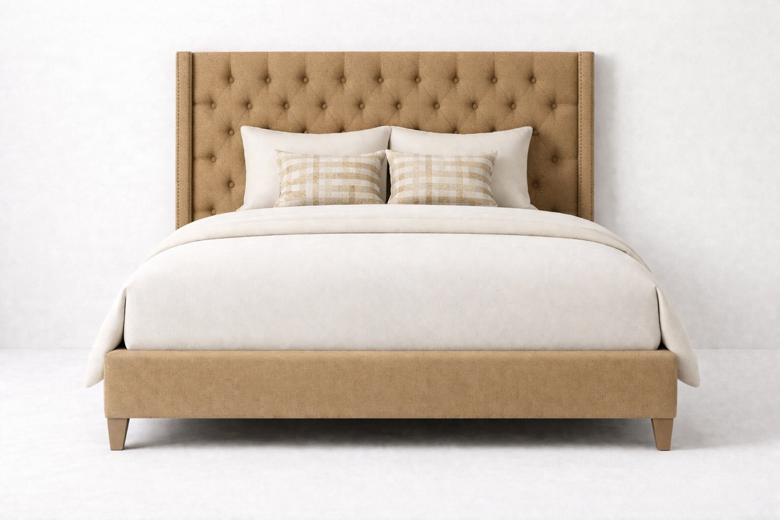 Ellison Bed Frame || Upholstered and tufted headboard with upholstered side and front rails. It has winged sides and a welt detail. -- King Dimensions
Height
58”
Outside Length
86.5"
Outside Depth
86.5”

-- Queen Dimensions
Height  58"
Outside Length