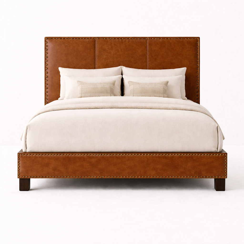 Alexander Bed Frame || Leather headboard and side and front rails with nailhead. It has leather side and front rails and wooden legs. This is a platform bed with no box spring necessary. Options of leg and nail finishes, as well as leather. -- (King 