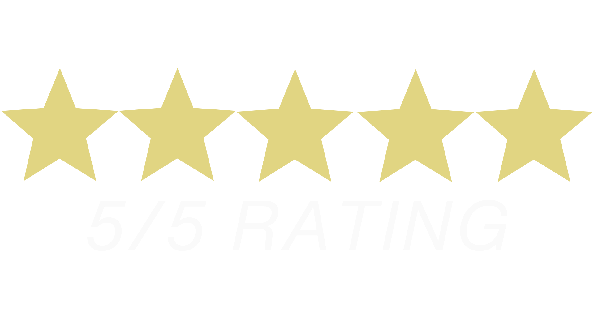 Five gold stars with the text "5/5 RATING" beneath them, on a black background.