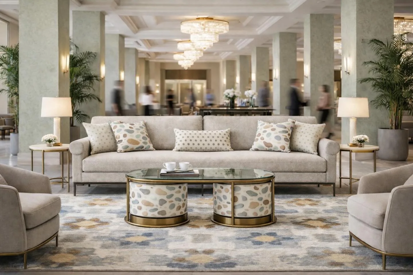 Elegant hotel lobby with a beige sofa and armchairs, decorated with patterned throw pillows, two side tables with lamps and small floral arrangements, a round coffee table with coffee cups and books, lush green plants, and a chandelier hanging from a
