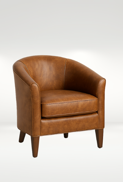 Astor Barrel Chair || Pictured in Cheyenne Stirrup Leather

-- (Style #:) JW50-25
-- (Dimensions:) 30W x 32D x 32H
-- (Weight:) 85lbs
-- (COL Req:) 145 sq ft | (COM Req:) 8.5 yds