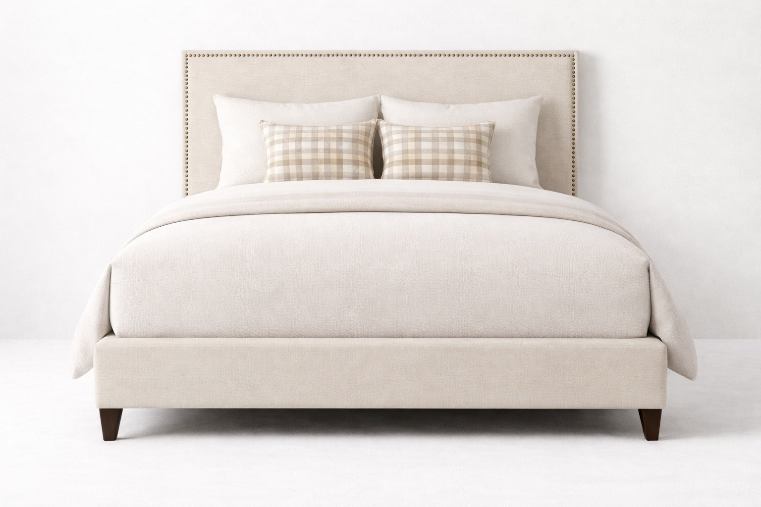 Cameron Bed || Upholstered headboard with upholstered side and front rails. It has a nailhead trim around the perimeter of the headboard. -- (King Dimensions)
Height  58”
Outside Length
86.5"
Outside Depth
86.5”
Side Rail  17"

-- (Queen dimensions)
