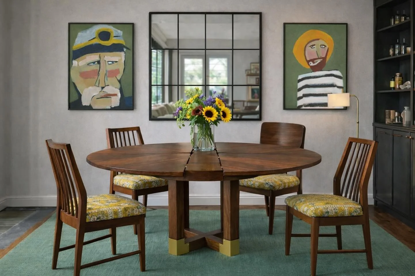 A wooden dining table with a glass vase of sunflowers and purple flowers, surrounded by four wooden chairs with patterned yellow and green cushions, in front of a textured wall with two colorful abstract portraits and a black framed mirror, near a bl