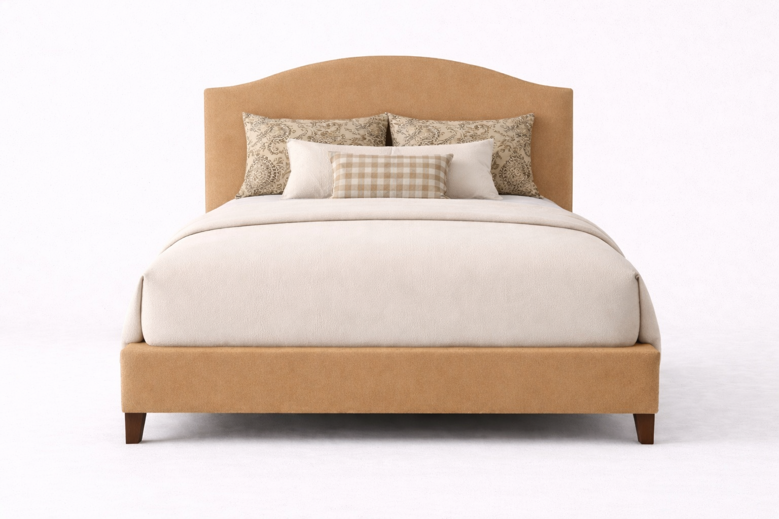 Dawson Bed Frame || Upholstered curved headboard with upholstered side and front rails. It has wood legs. -- (King Dimensions)
Height  58”
Outside Length
86.5"
Outside Depth
86.5”
Side Rail  17"

-- (Queen dimensions)
Height  58"
Outside Length
66”
O