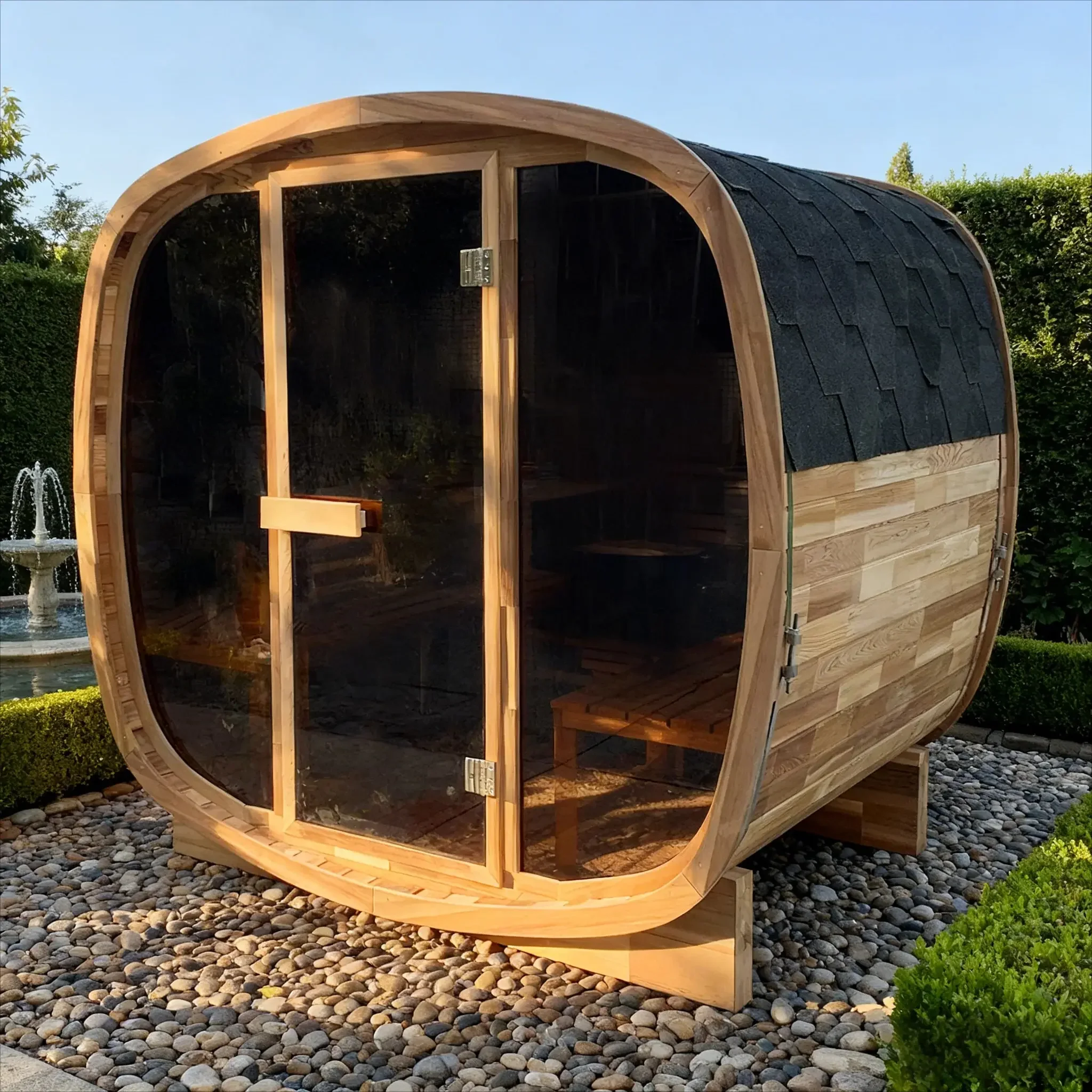 4-Person Canadian Red Cedar Outdoor Sauna Cabin with Panoramic Tinted Glass