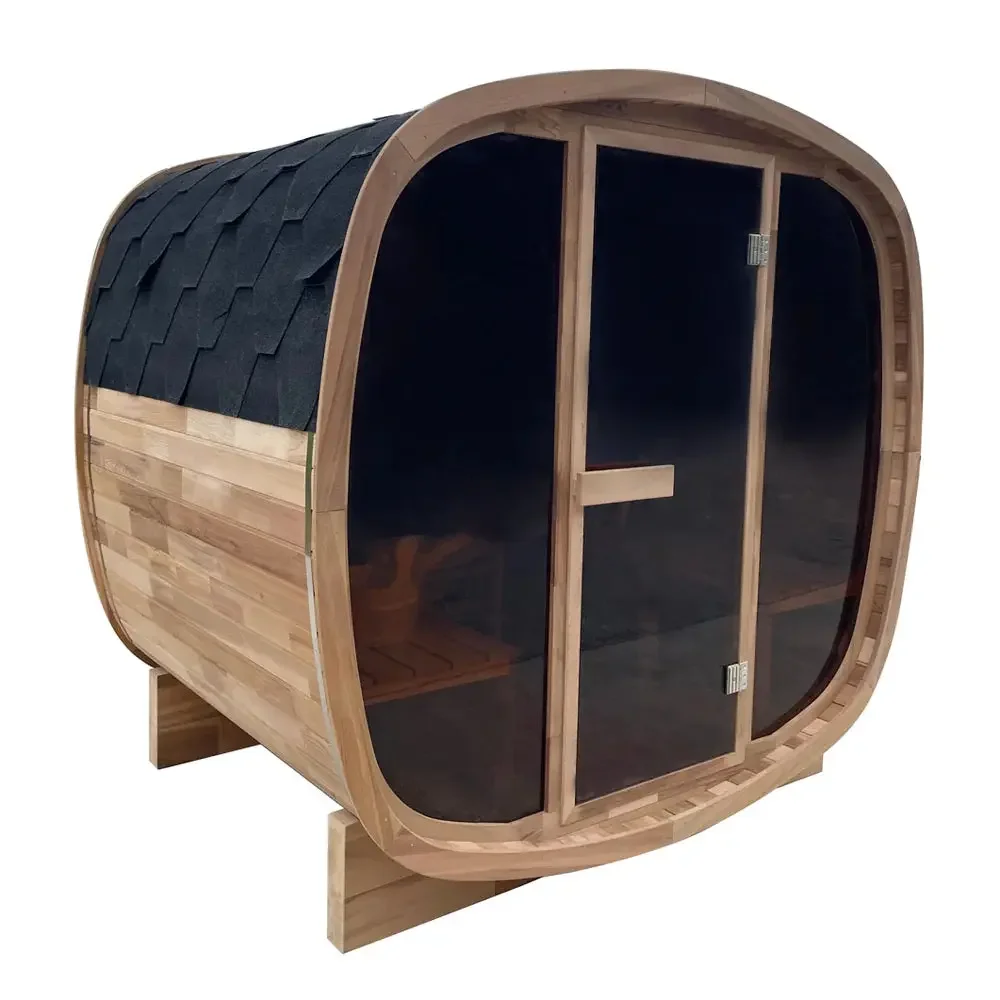 4–6 Person Canadian Red Cedar Outdoor Square Sauna Cabin with Panoramic Tinted Glass