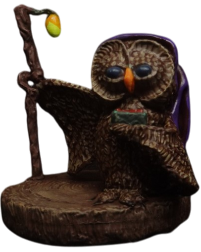 Hand-painted resin sculpture of Teddy, the wise owl of Aetherwood, with a thoughtful expression.