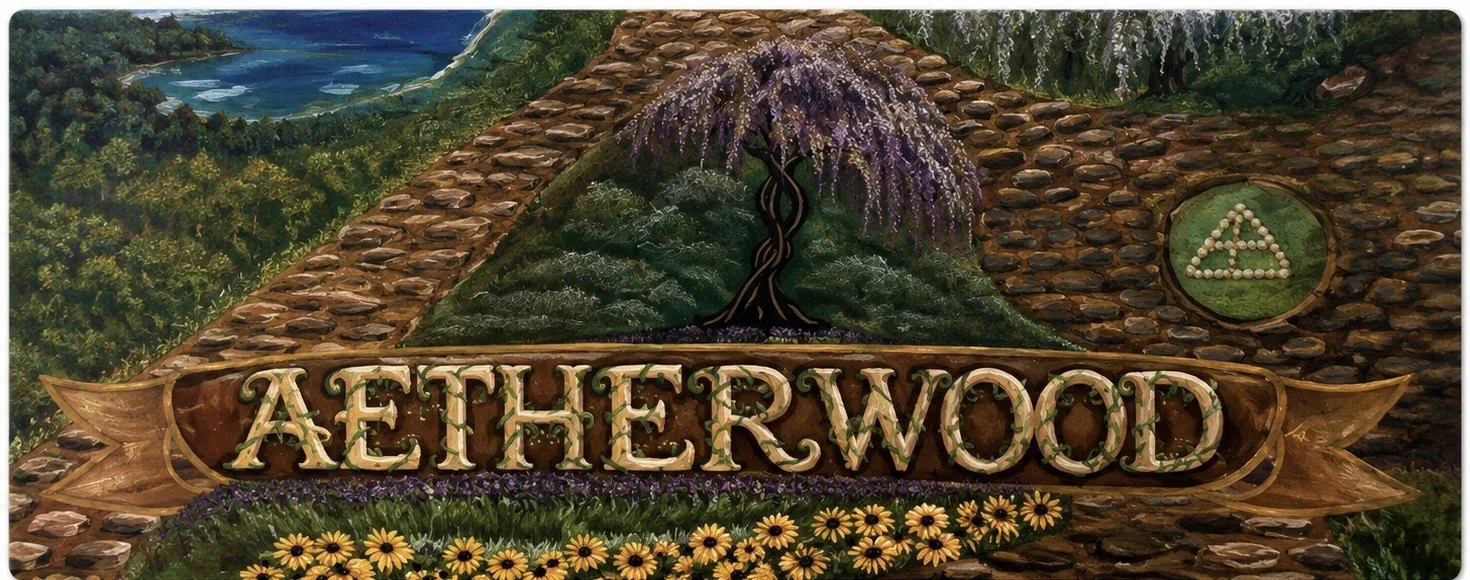 A detailed fantasy illustration for "Aetherwood" featuring a central wooden banner intertwined with vines.