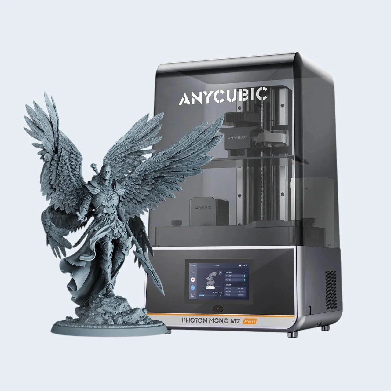 3D-printed figure of an angel with large wings and armor next to a 3D printer labeled "ANYCUBIC" and "PHOTON MONO M7 PRO".