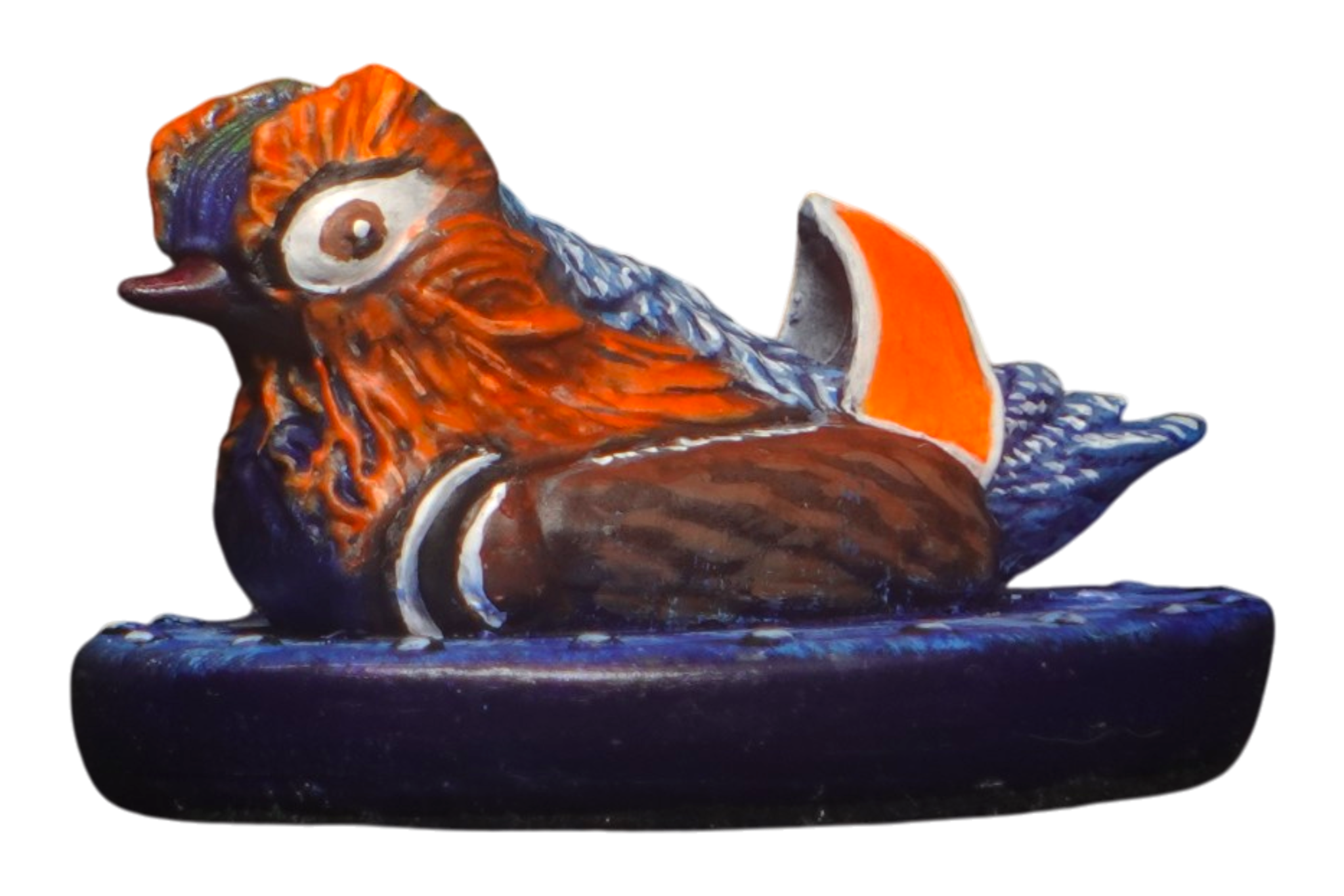 Hand-painted resin sculpture of Yomei, a Mandarin drake and Aetherwood’s Reflective Guide.