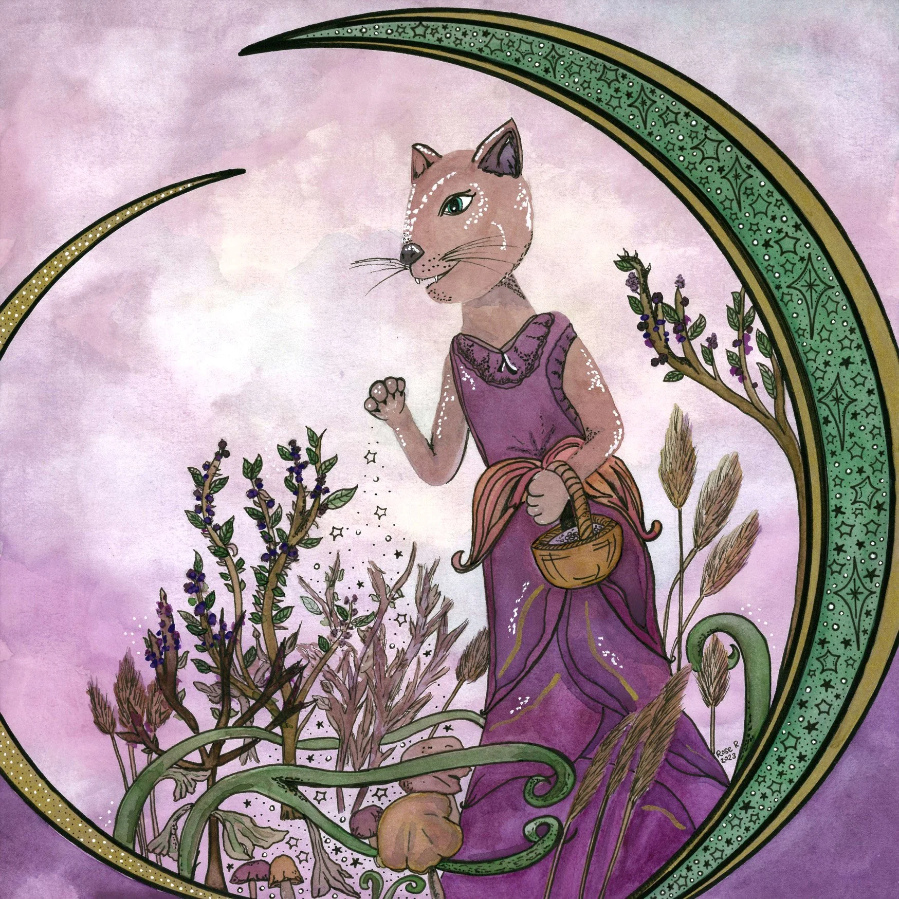 'Harvest Moon' - Watercolour x Posca pen (2023)