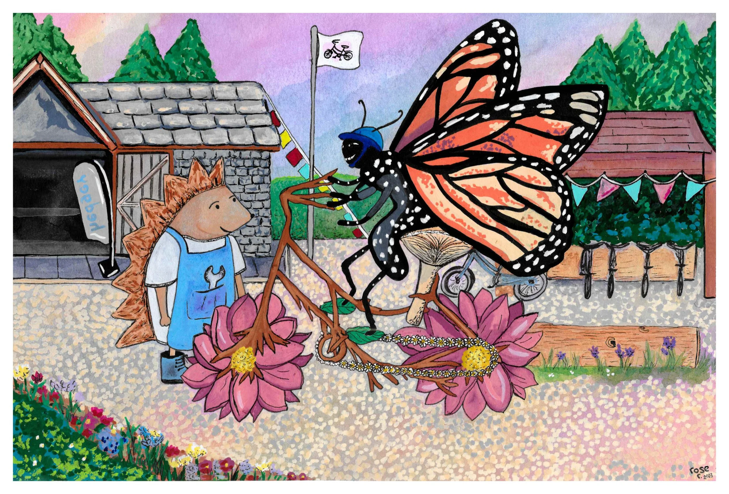 'Hedgey's Cycle Hire' - Watercolour x Posca pen (2023)