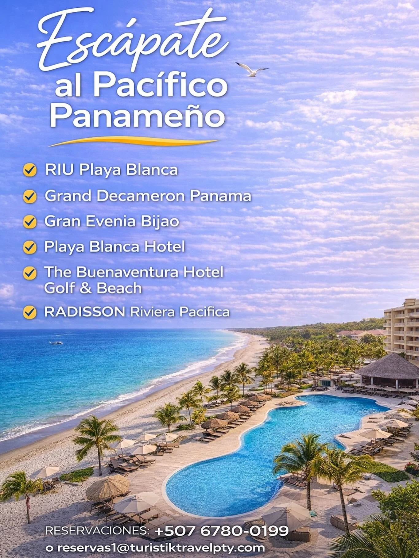 Esc&aacute;pate al Pac&iacute;fico Paname&ntilde;o y disfruta del un verano bien Turistik!

Reservaciones
+507 6780-0199 
reservas1@turistiktravelpty.com