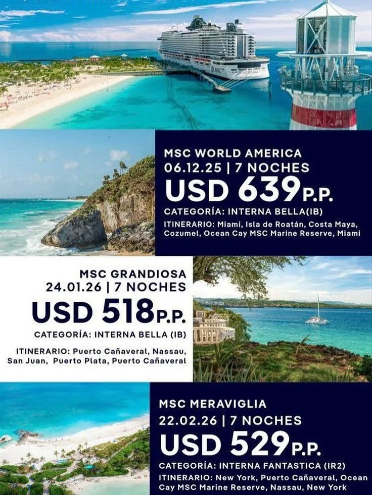 ✨ &iexcl;Black Week de MSC ya est&aacute; aqu&iacute;!
El Caribe te espera con tarifas incre&iacute;bles en salidas 2025 y 2026. 🌴🚢
Aprovecha estos precios antes de que se acaben.

👉 Comenta la palabra CRUCERO y te enviamos el enlace directo por D