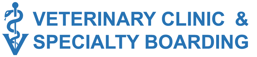 Logo of veterinary clinic and specialty boarding featuring a caduceus with a paw print and a stylized animal silhouette.