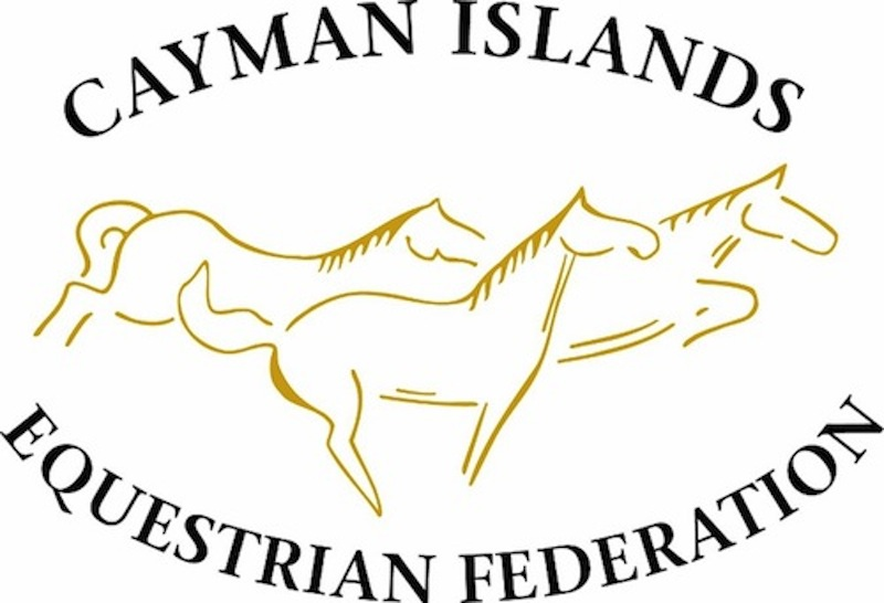 Logo of the Cayman Islands Equestrian Federation featuring three line-drawn horses in gold and the federation's name in black text above and below.