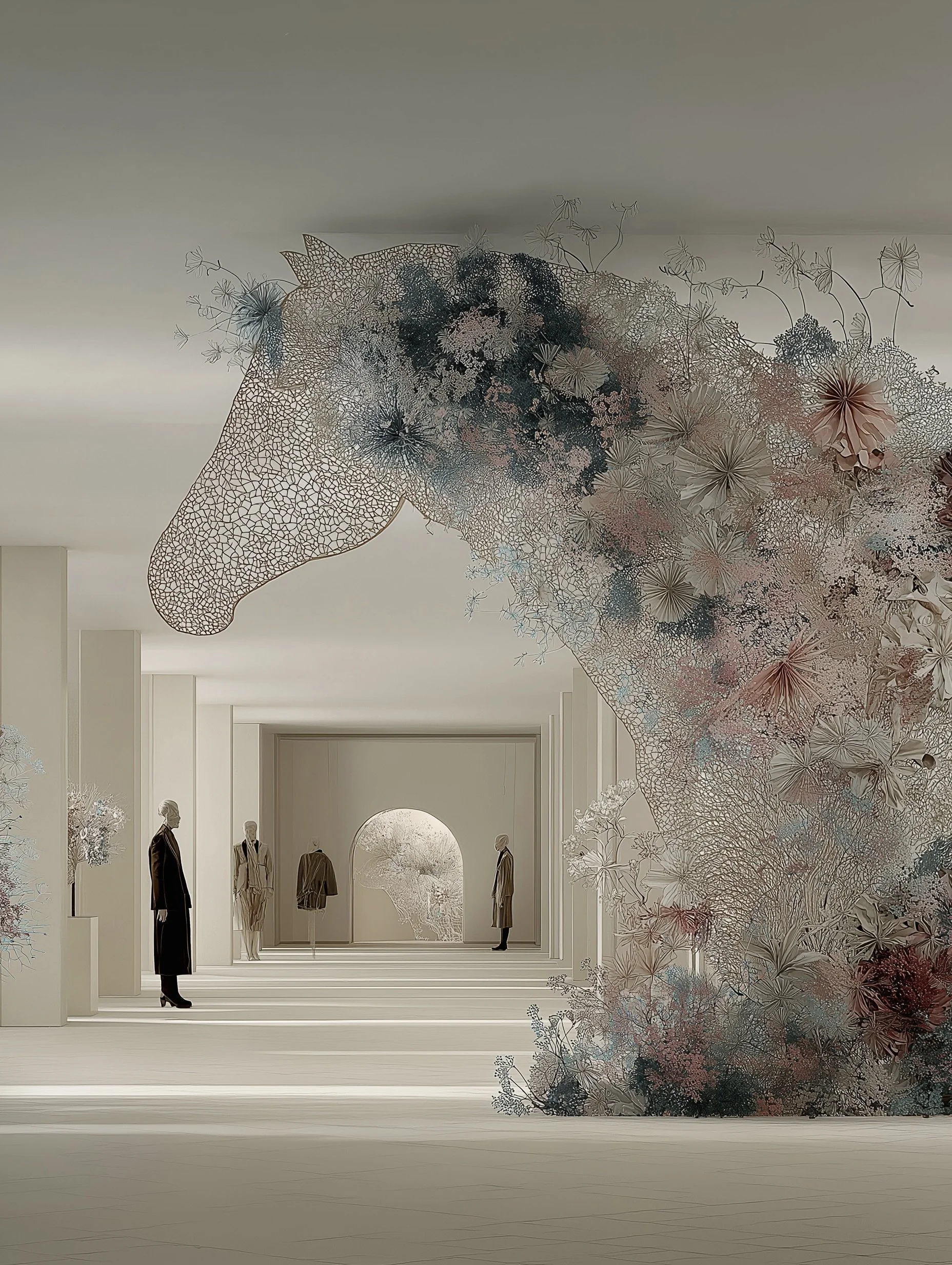 Fashion display inside a boutique store with mannequins dressed in stylish clothing, surrounded by floral and abstract art installations on the wall.