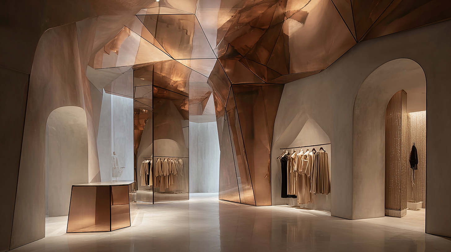 Interior of a high-end clothing store with beige and copper tones, curved walls, and clothing racks with neutral-colored garments.