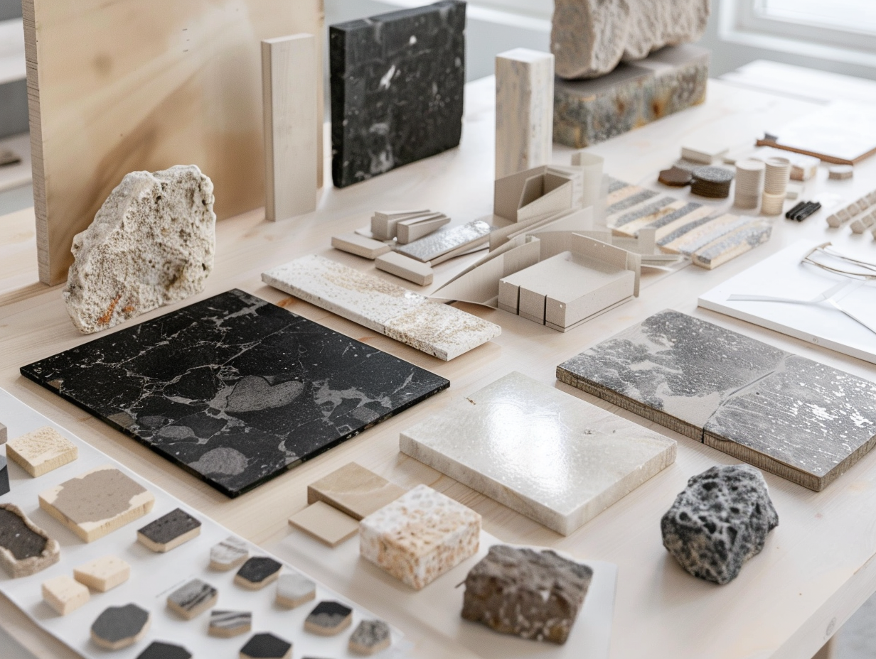 Selection of various stone, tile, and sample materials on a light wood table, including slabs, tiles, and textured rocks for interior design or construction projects.