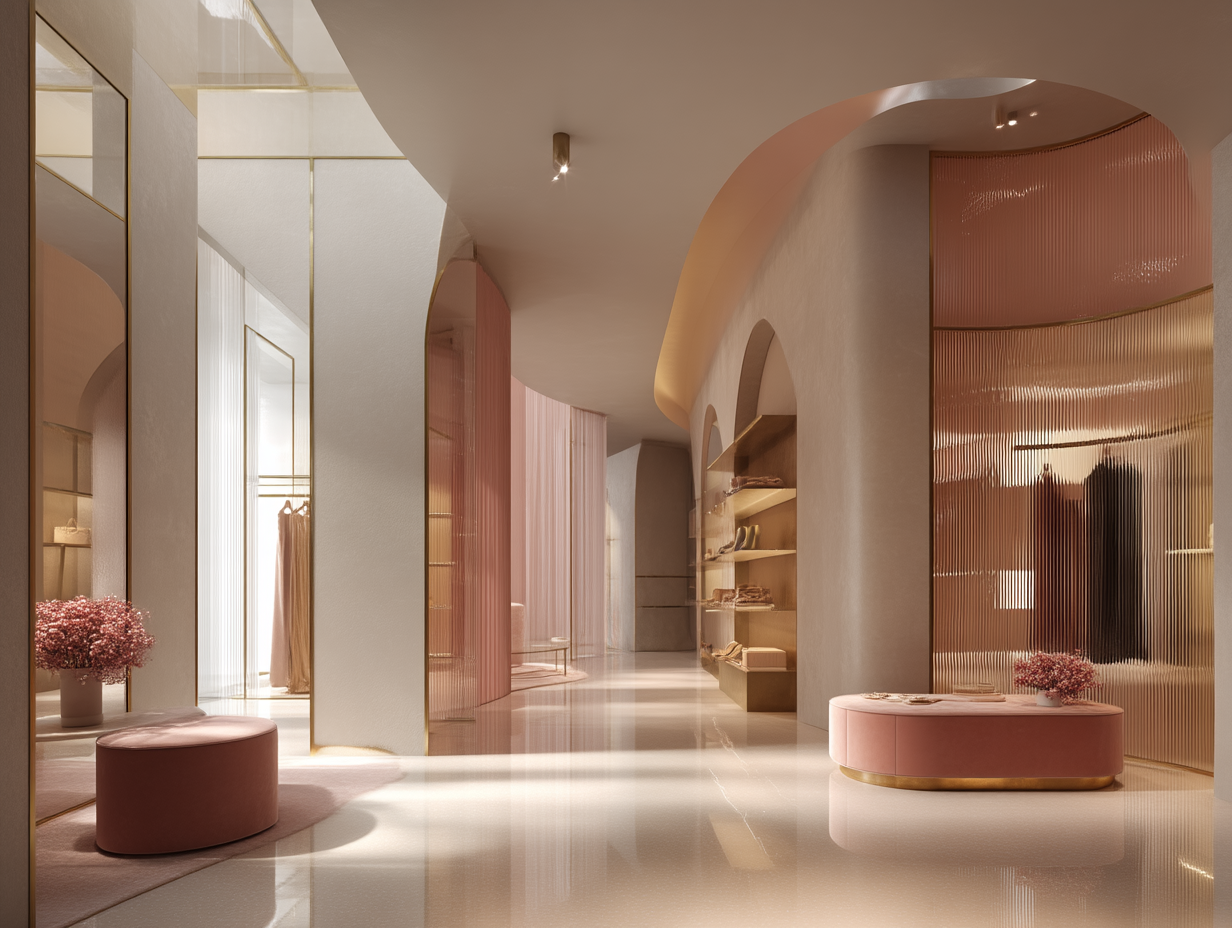A modern, luxurious interior with soft pink, beige, and white tones. Features curved walls, pink velvet seating, gold accents, open shelving, and decorative pink flowers.