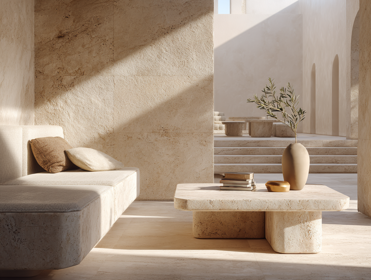 Minimalist living room with beige stone walls and furniture, a beige sofa with pillows, and a coffee table with a vase, books, and decorative items, illuminated by natural sunlight.