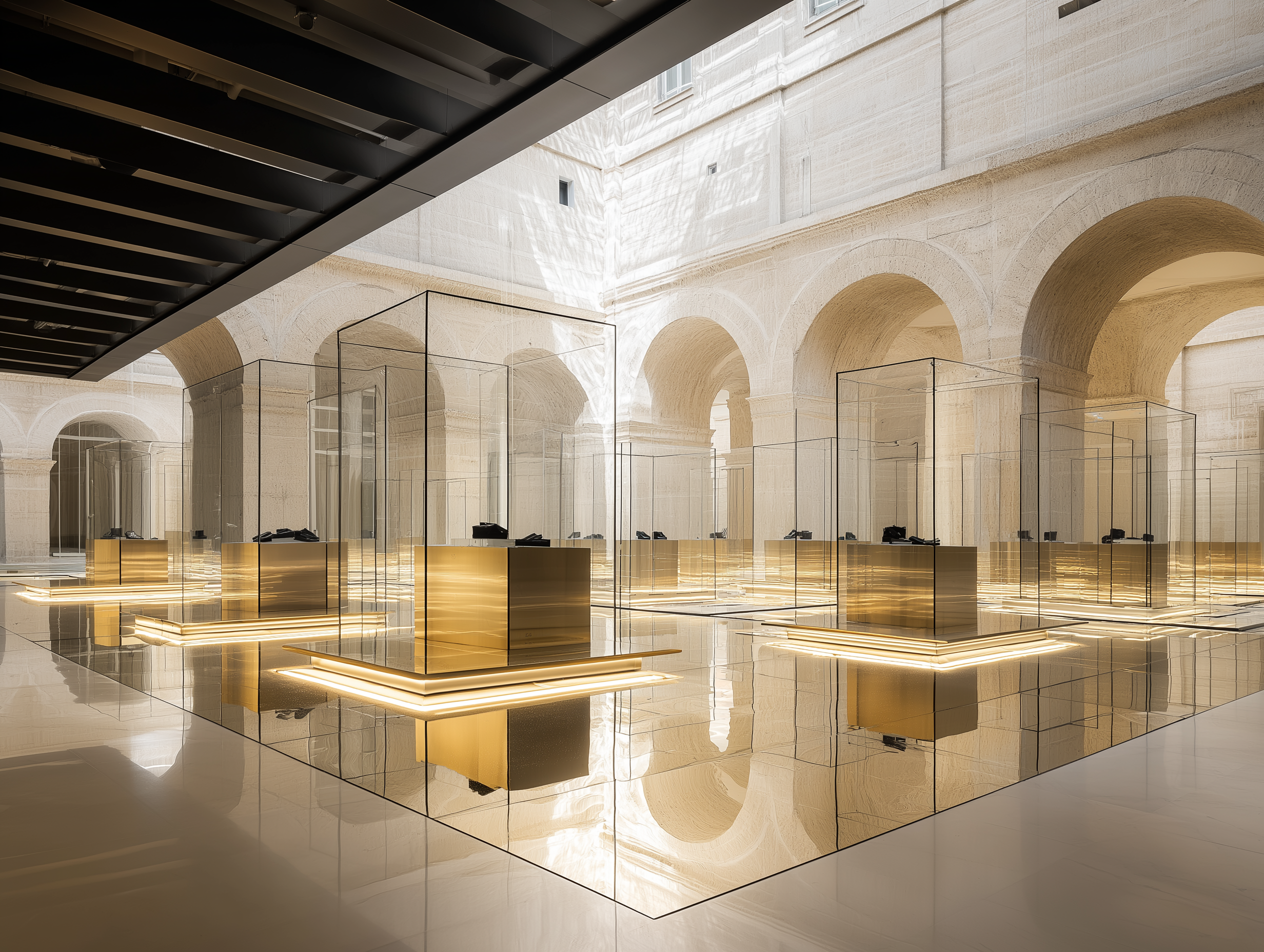 Golden display cases with black shoes inside, in a modern, well-lit interior with a high ceiling, arches, and reflective flooring.