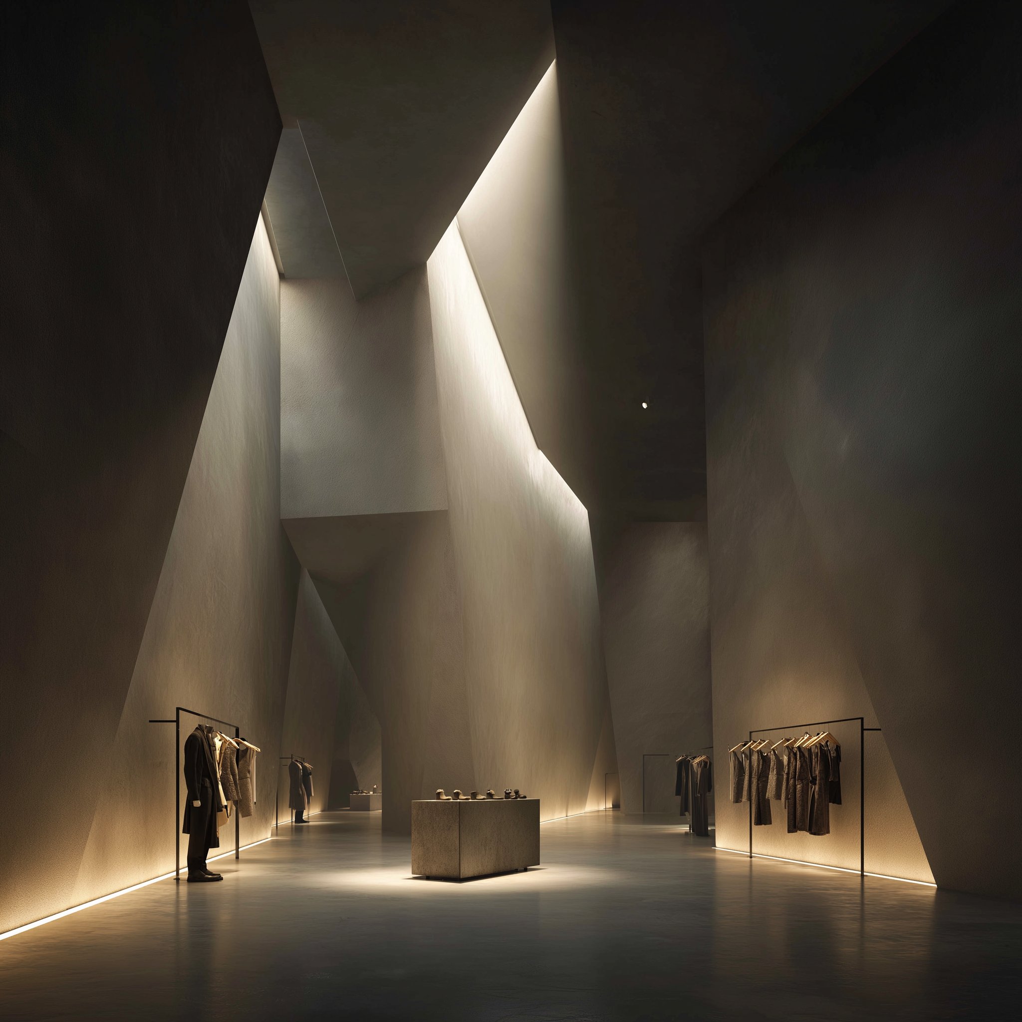 Light as structural architecture — carving volume, directing movement, and defining value.