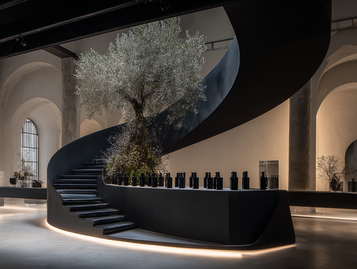 Trajectory explores how spatial direction can organize fashion and beauty through vertical and horizontal systems within a unified architectural environment.