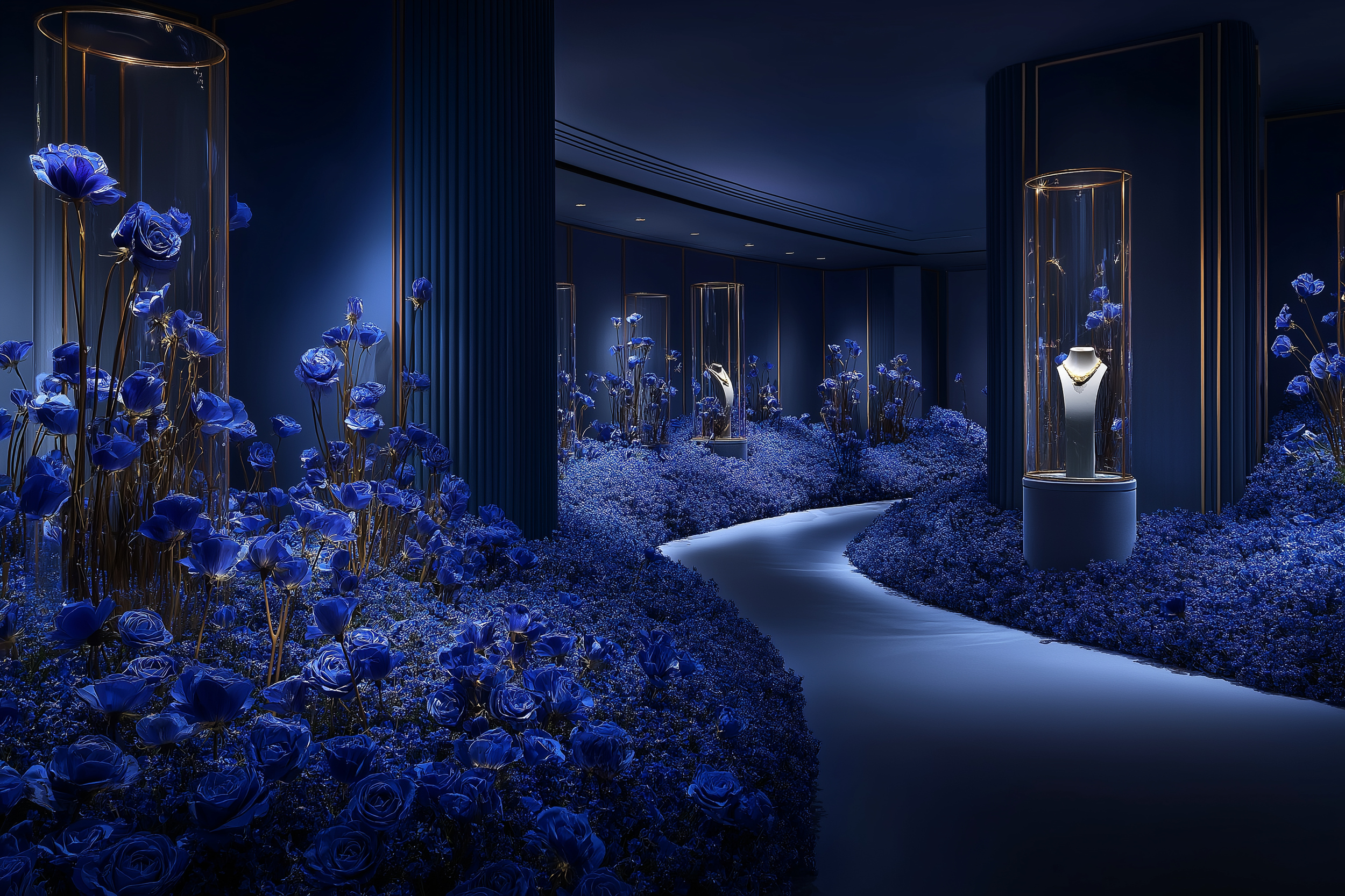 Luxury jewelry display with a necklace on a white bust inside a glass case, set in a room with blue flowers and dark blue walls.