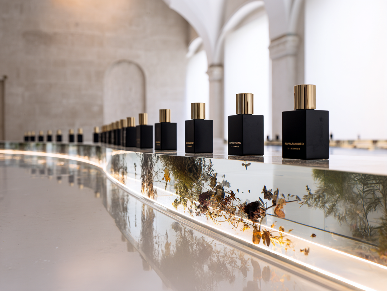 Black perfume bottles with gold caps on a reflective surface in a white architectural space, with butterfly and foliage reflections.