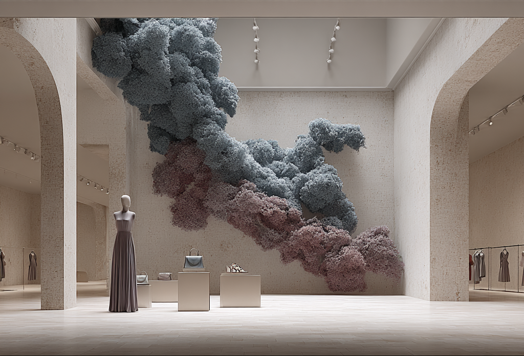 Empty retail store with a cloud-like art installation on the wall and mannequins displaying fashionable clothing and accessories.
